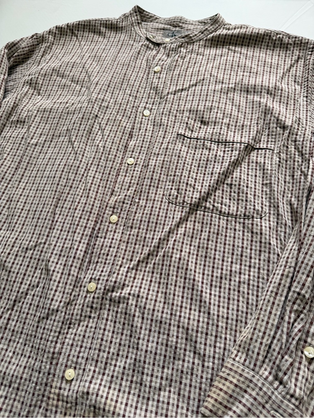 Vintage 90s Calvin Klein Rayon Blend Band Collar Plaid Shirt Mens L Hong Kong